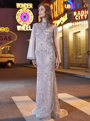 Women's Botanical Rhinestone Decor Cape Sleeve Evening Party Dress