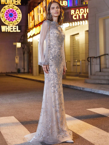 Women's Botanical Rhinestone Decor Cape Sleeve Evening Party Dress