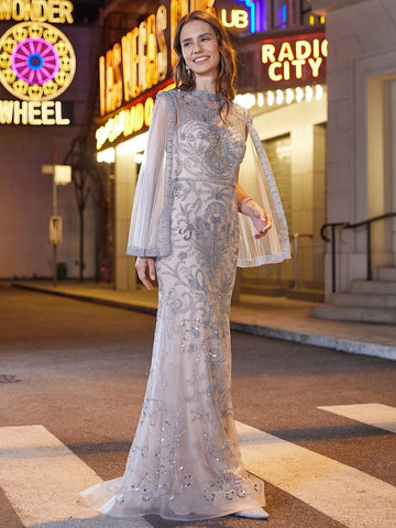 Women's Botanical Rhinestone Decor Cape Sleeve Evening Party Dress
