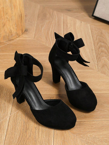 Women's Bow Knot Ankle Strap Design High Heel Shoes With Waterproof Platform, Elegant Mary Jane Style, Autumn And Spring, Black Suede Fabric, Chunky Heel, Trendy And Sexy, Black Round Toe Platform Pumps