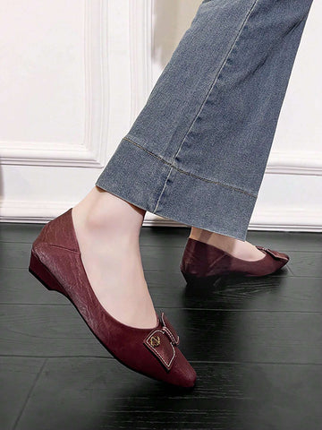 Women's Bow Knot & Metal Decor Square Toe Chunky Heel Casual Mules, Wine Red, Suitable For Fall Season