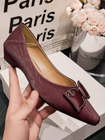 Women's Bow Knot & Metal Decor Square Toe Chunky Heel Casual Mules, Wine Red, Suitable For Fall Season