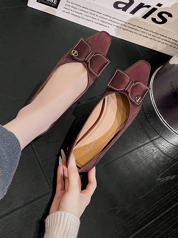 Women's Bow Knot & Metal Decor Square Toe Chunky Heel Casual Mules, Wine Red, Suitable For Fall Season