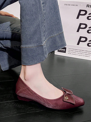 Women's Bow Knot & Metal Decor Square Toe Chunky Heel Casual Mules, Wine Red, Suitable For Fall Season