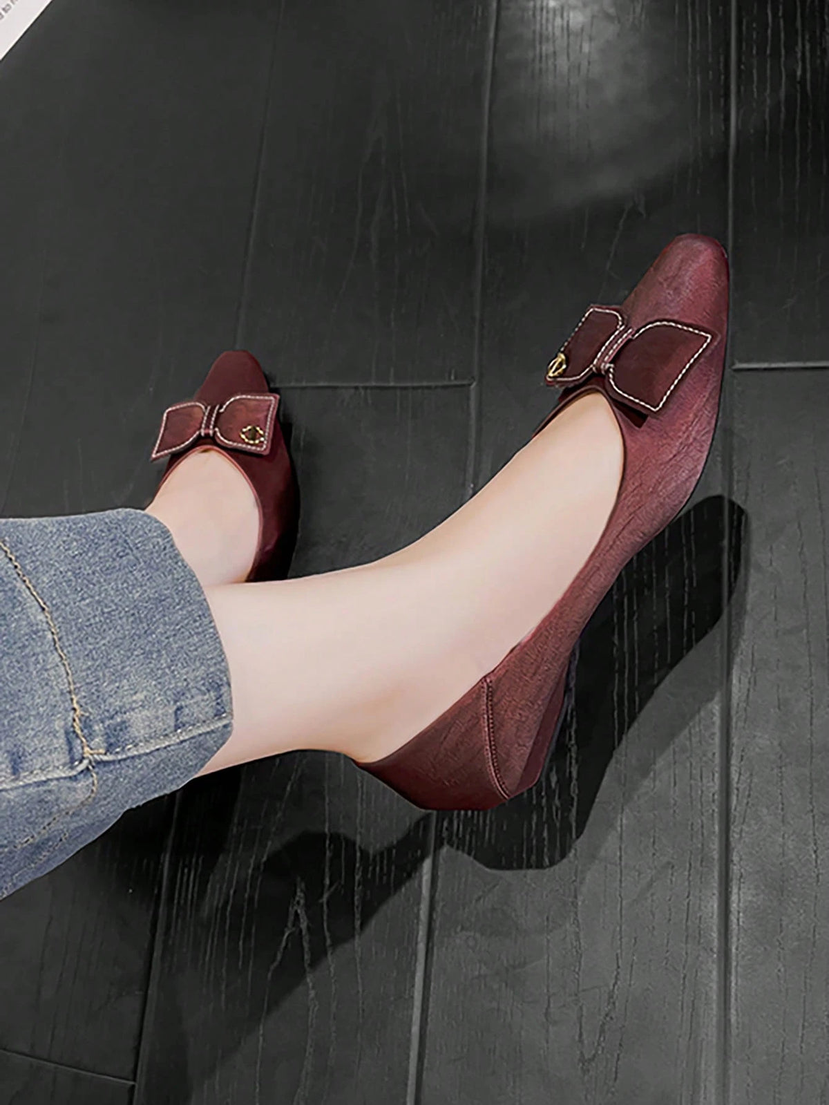 Women's Bow Knot & Metal Decor Square Toe Chunky Heel Casual Mules, Wine Red, Suitable For Fall Season