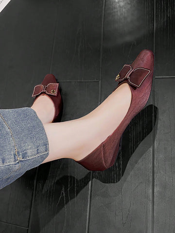 Women's Bow Knot & Metal Decor Square Toe Chunky Heel Casual Mules, Wine Red, Suitable For Fall Season