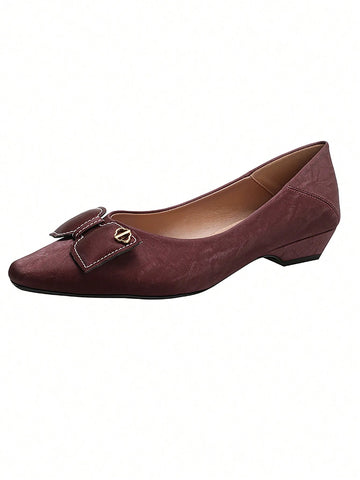 Women's Bow Knot & Metal Decor Square Toe Chunky Heel Casual Mules, Wine Red, Suitable For Fall Season