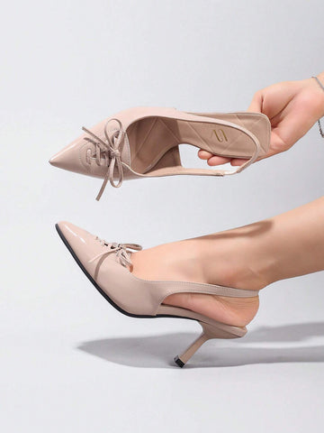 Women's Bowknot Pointed Toe High Heel Pumps, Glossy PU Leather Lace Up Elegant