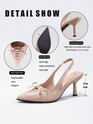 Women's Bowknot Pointed Toe High Heel Pumps, Glossy PU Leather Lace Up Elegant