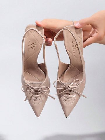 Women's Bowknot Pointed Toe High Heel Pumps, Glossy PU Leather Lace Up Elegant