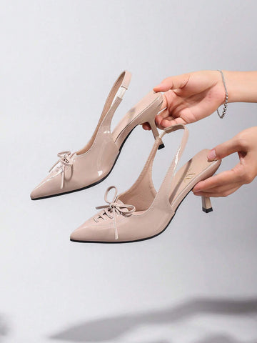 Women's Bowknot Pointed Toe High Heel Pumps, Glossy PU Leather Lace Up Elegant