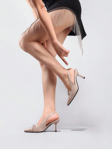 Women's Bowknot Pointed Toe High Heel Pumps, Glossy PU Leather Lace Up Elegant