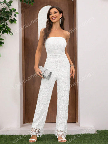 Women's Breast Wrapped Lace Sleeveless Elegant Jumpsuit High Waisted Wide Leg Pants Skirt Others