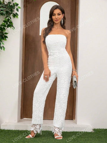 Women's Breast Wrapped Lace Sleeveless Elegant Jumpsuit High Waisted Wide Leg Pants Skirt Others