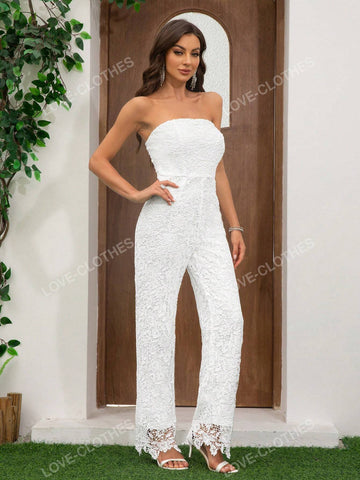 Women's Breast Wrapped Lace Sleeveless Elegant Jumpsuit High Waisted Wide Leg Pants Skirt Others