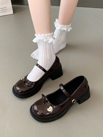 Women's Brown High Heel Mary Jane One-Strap Leather Shoes, Elegant Bowknot Outdoor