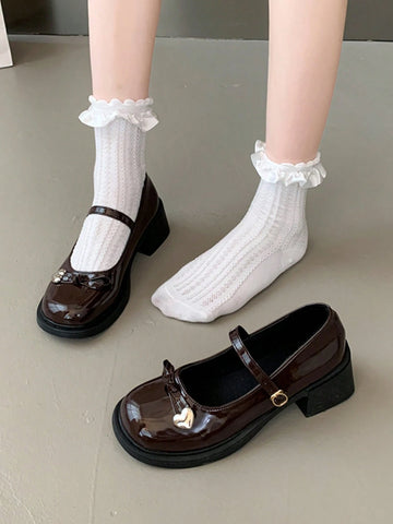 Women's Brown High Heel Mary Jane One-Strap Leather Shoes, Elegant Bowknot Outdoor