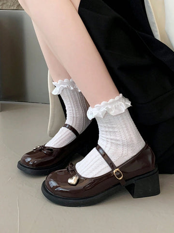Women's Brown High Heel Mary Jane One-Strap Leather Shoes, Elegant Bowknot Outdoor