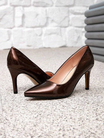 Women's Brown High Heel Shoes, Pointed Toe Stilettos, Minimalist Solid Color Mule Pumps, Fashion