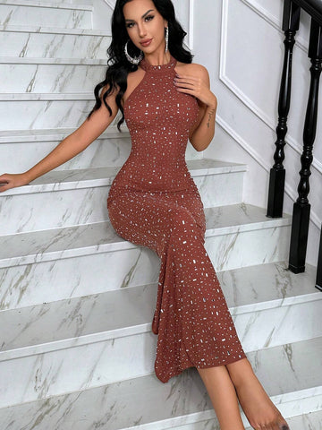 Women's Brown Rhinestone Decor Neck Wrap Formal Dress