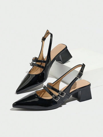 Women's Buckle Dual Strap Design Solid Color Pointed Toe Slingback Thick Heel Pumps, Fashionable All-Match High Heels Suitable For Commuting