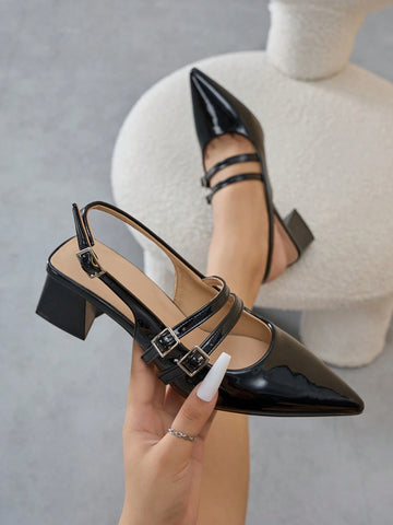 Women's Buckle Dual Strap Design Solid Color Pointed Toe Slingback Thick Heel Pumps, Fashionable All-Match High Heels Suitable For Commuting