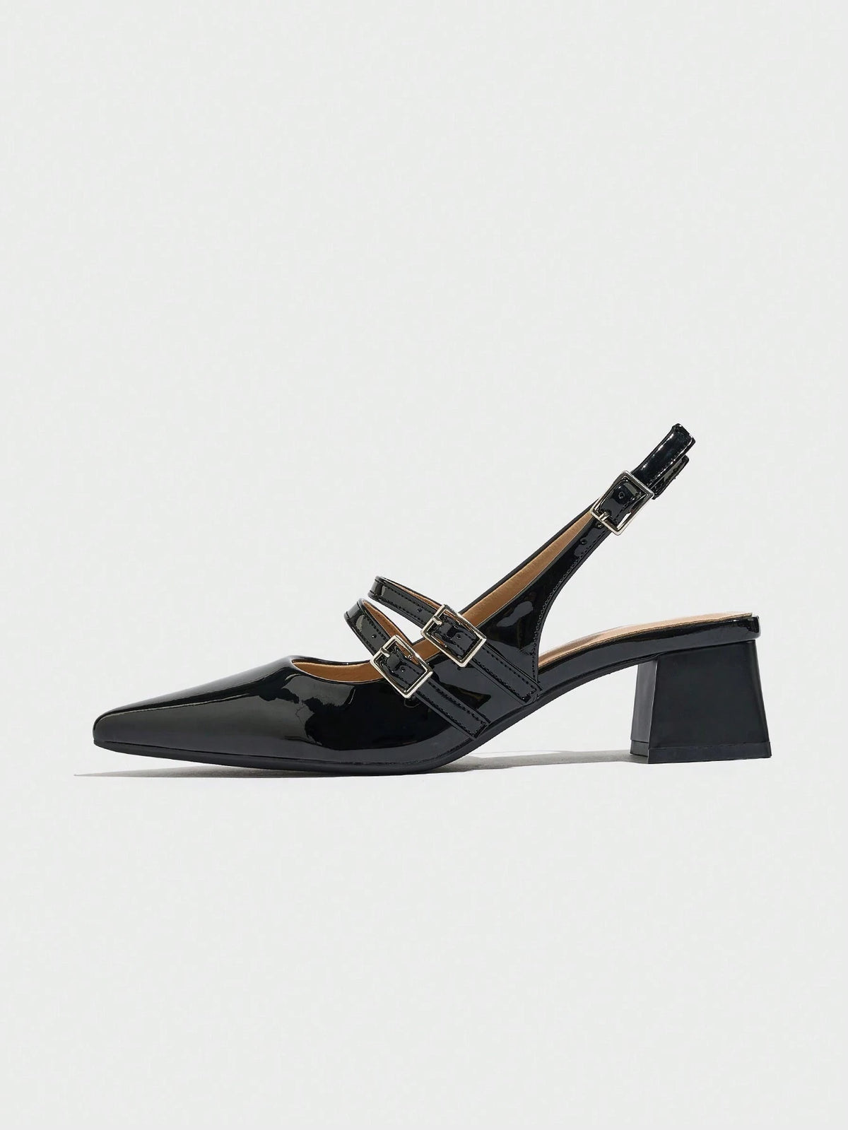 Women's Buckle Dual Strap Design Solid Color Pointed Toe Slingback Thick Heel Pumps, Fashionable All-Match High Heels Suitable For Commuting