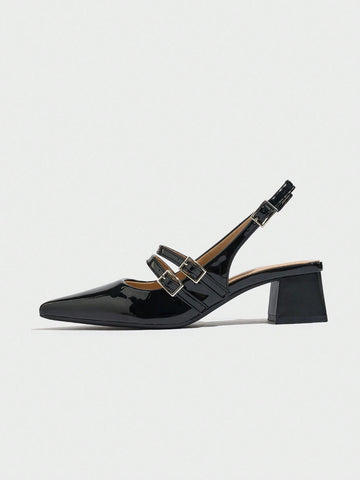 Women's Buckle Dual Strap Design Solid Color Pointed Toe Slingback Thick Heel Pumps, Fashionable All-Match High Heels Suitable For Commuting