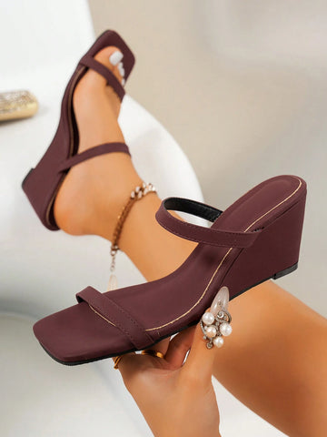 Women's Burgundy Fashionable High Heel Square Toe Ankle Strap Platform Sandals, Summer