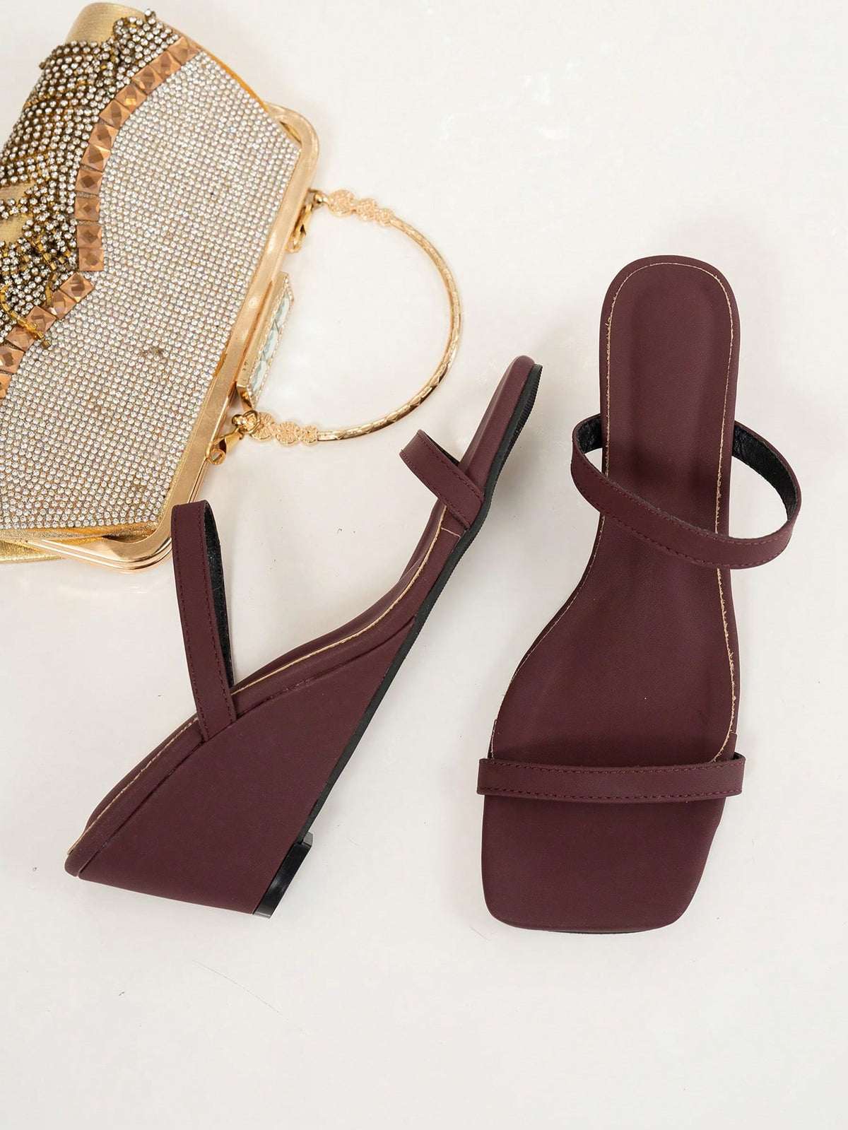 Women's Burgundy Fashionable High Heel Square Toe Ankle Strap Platform Sandals, Summer