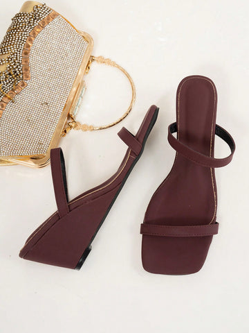 Women's Burgundy Fashionable High Heel Square Toe Ankle Strap Platform Sandals, Summer