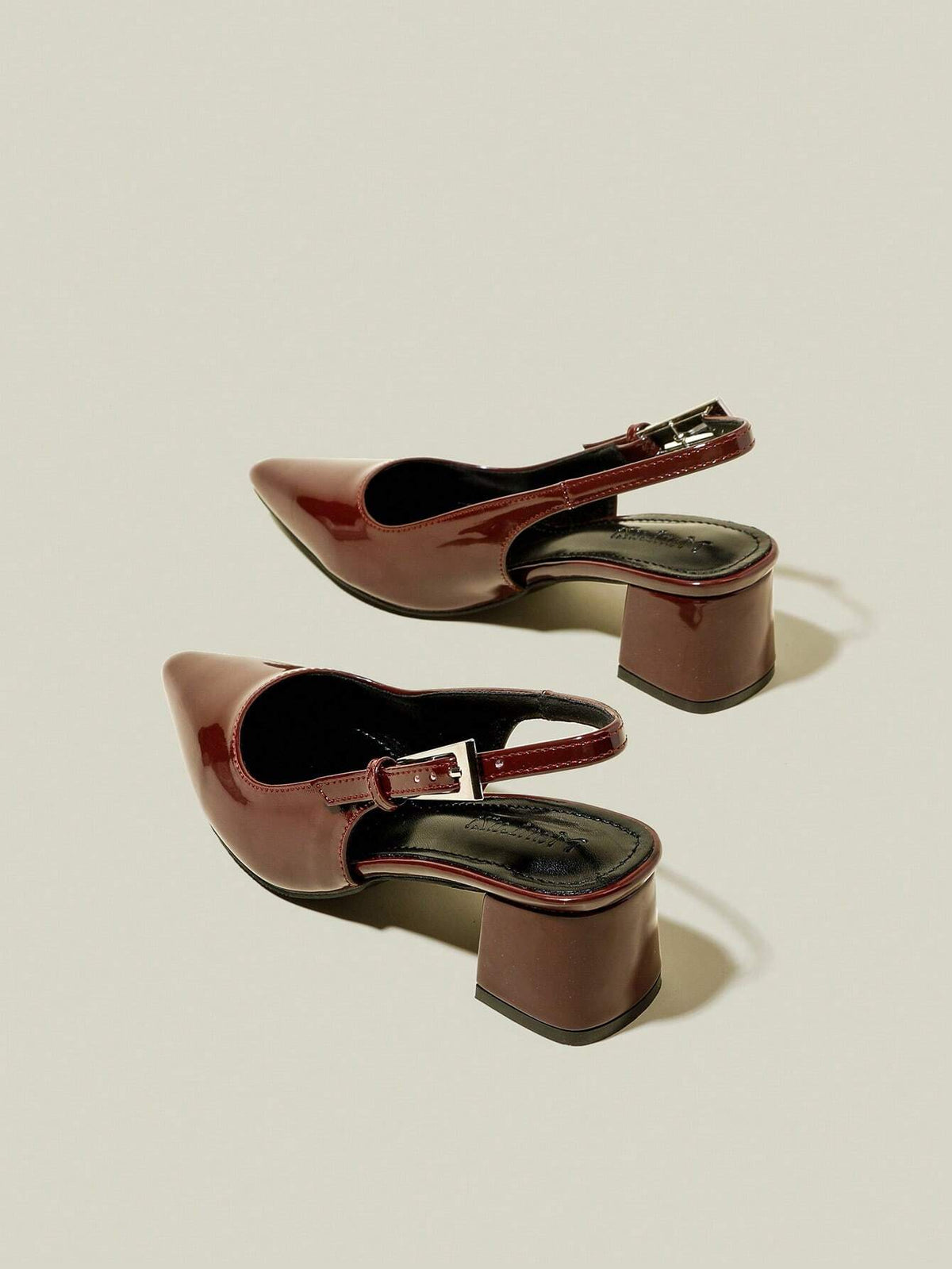 Women's Burgundy Patent Leather Pointed Toe Buckle Strap Chunky Heel Dress Pumps Elegant High Heels
