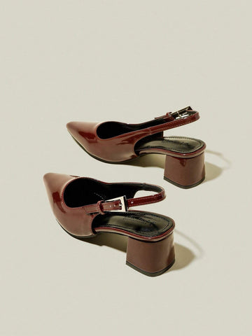 Women's Burgundy Patent Leather Pointed Toe Buckle Strap Chunky Heel Dress Pumps Elegant High Heels