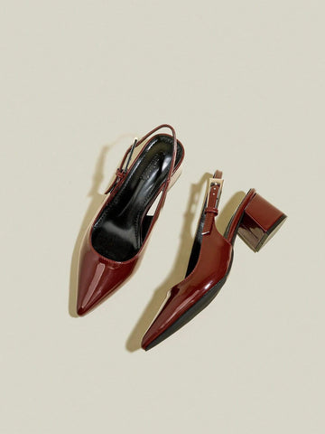 Women's Burgundy Patent Leather Pointed Toe Buckle Strap Chunky Heel Dress Pumps Elegant High Heels