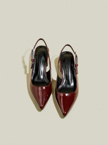 Women's Burgundy Patent Leather Pointed Toe Buckle Strap Chunky Heel Dress Pumps Elegant High Heels