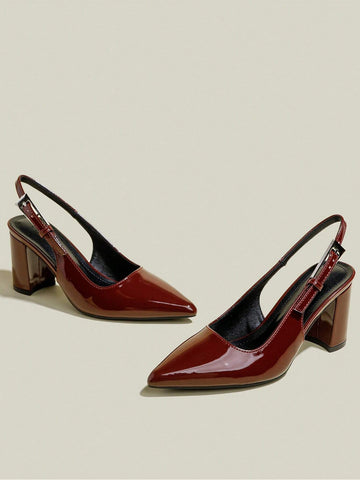 Women's Burgundy Patent Leather Pointed Toe Single Strap Chunky Heel Pumps, Elegant Pointed Toe