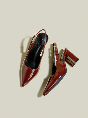 Women's Burgundy Patent Leather Pointed Toe Single Strap Chunky Heel Pumps, Elegant Pointed Toe