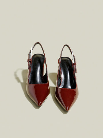 Women's Burgundy Patent Leather Pointed Toe Single Strap Chunky Heel Pumps, Elegant Pointed Toe