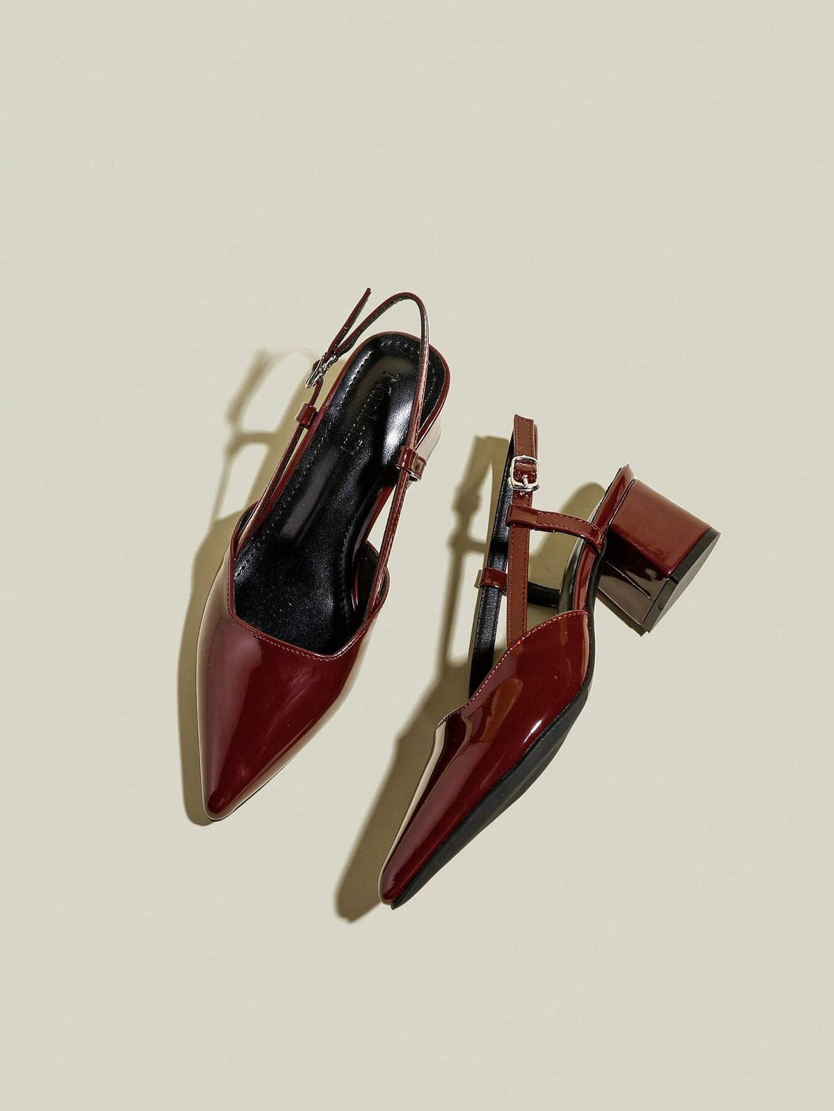 Women's Burgundy Patent Leather Pointed Toe Single Strap Chunky Heel Pumps, Elegant Pointy Toe Formal