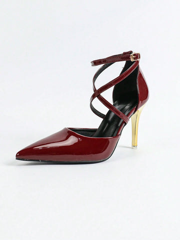 Women's Burgundy Pointed Toe Hollow Out Thin High Heel Criss-Cross Strap Pumps