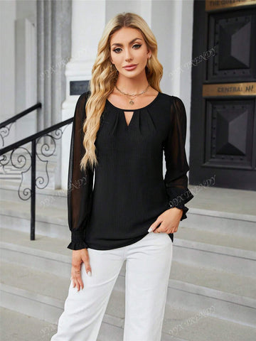 Women's Business Casual Sheer Long Sleeve Top, Basic Fashion Work Shirt For 2024, Autumn