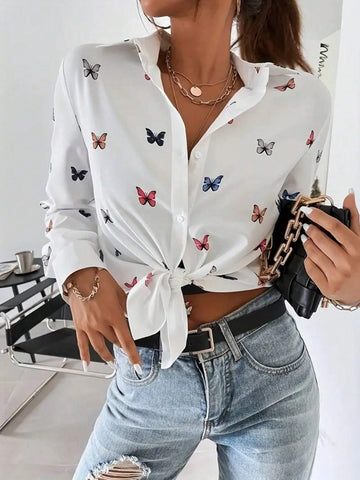 Women's Butterfly Print Long Sleeve Casual Single Breasted Shirt, Autumn