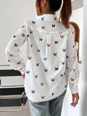 Women's Butterfly Print Long Sleeve Casual Single Breasted Shirt, Autumn