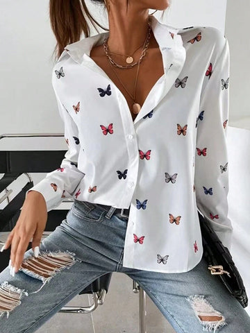 Women's Butterfly Print Long Sleeve Casual Single Breasted Shirt, Autumn