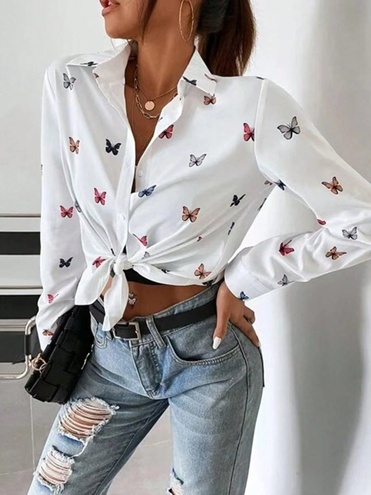 Women's Butterfly Print Long Sleeve Casual Single Breasted Shirt, Autumn