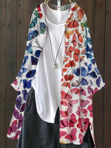 Women's Butterfly Print Long Sleeve Single-Breasted Loose Casual Shirt, Autumn