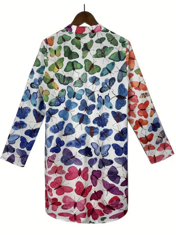 Women's Butterfly Print Long Sleeve Single-Breasted Loose Casual Shirt, Autumn