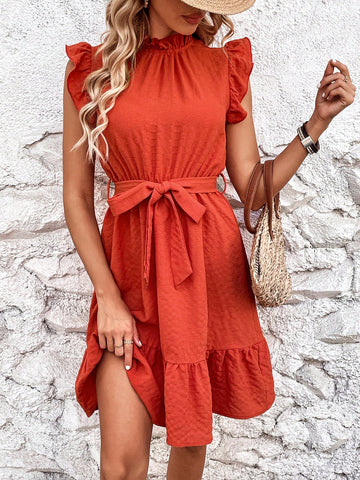 Women's Cap Sleeves Dress With Frill Collar