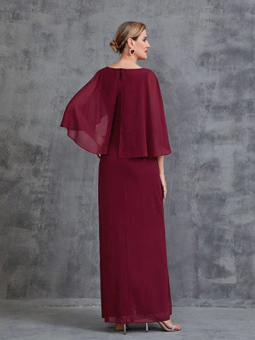 Women's Cape Floral Applique Chiffon Party Dress