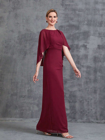 Women's Cape Floral Applique Chiffon Party Dress